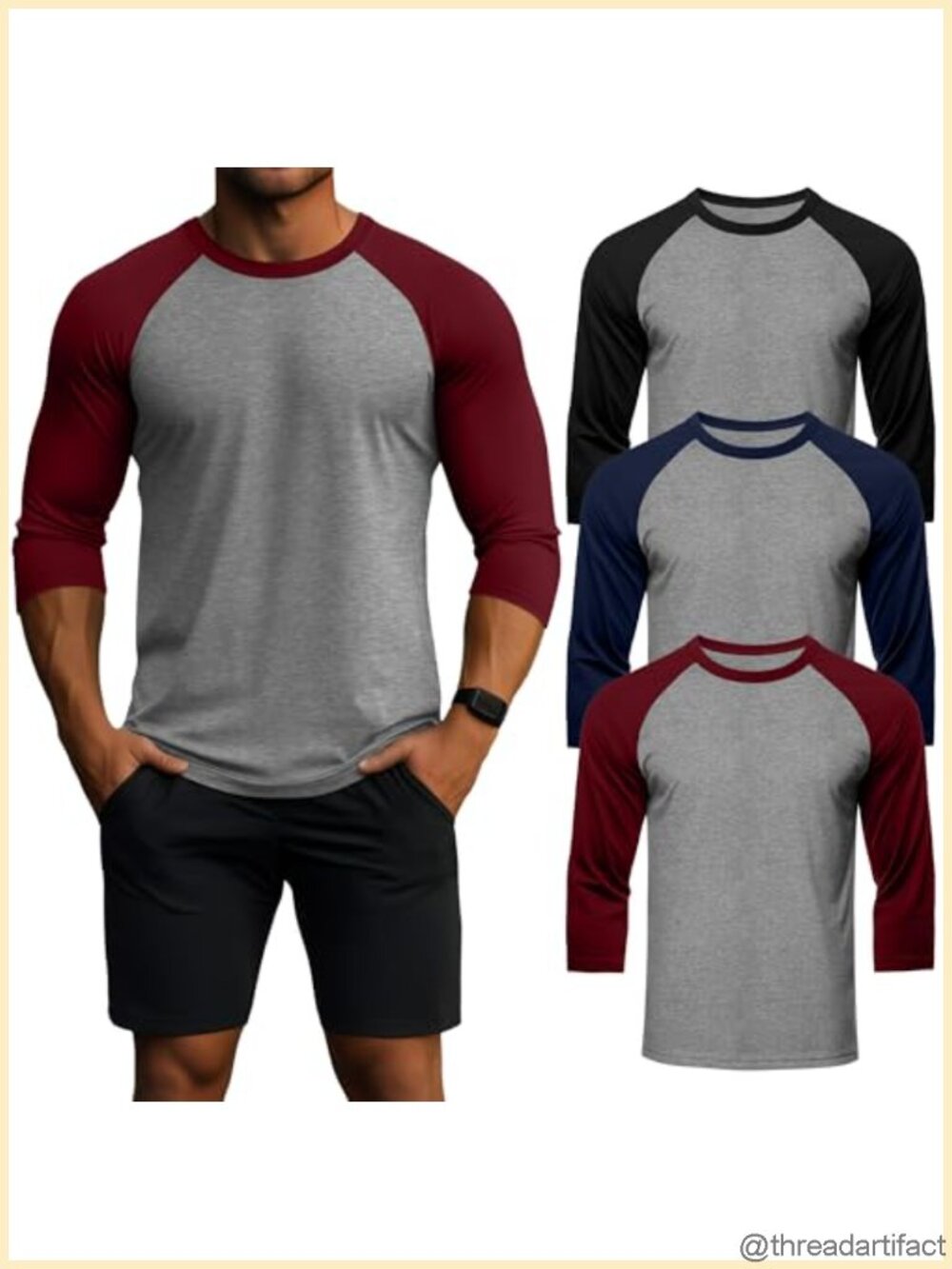Men's 3/4 Sleeve Baseball Shirts 3 Pack Raglan Crew Neck Polyester Cotton